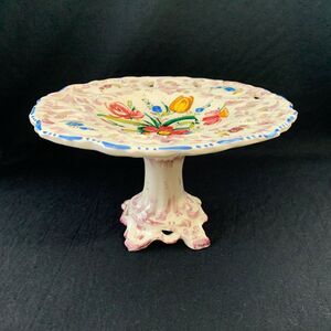 Vintage Italian Pedestal Cake Plate Bonbon Dish Footed Hand Painted Floral